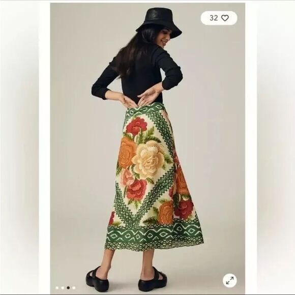 NWT FARM RIO FOR ANTHROPOLOGIE SIZE L midi skirt floral trapeze with pockets - Picture 3 of 12